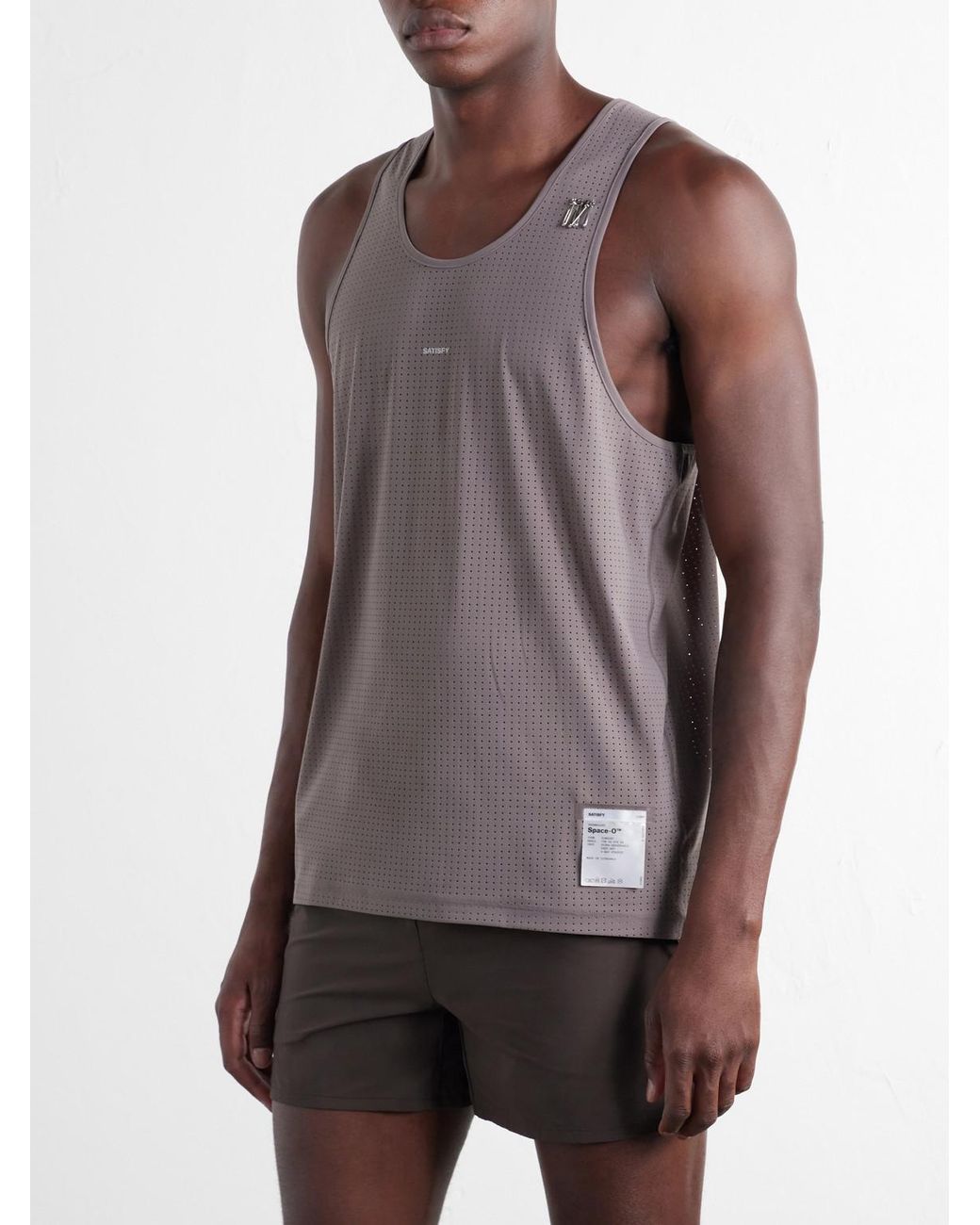 Satisfy Gray Embellished Logo-Appliquéd Space-O Mesh Tank Top for men