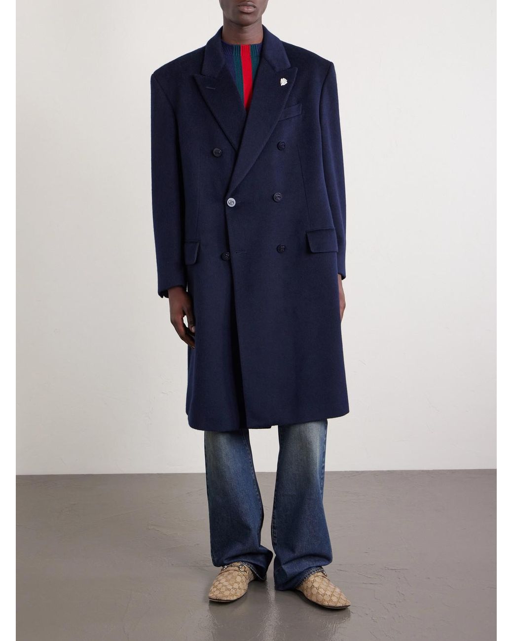 Gucci Blue Oversized Double-Breasted Embellished Cashmere Coat for men