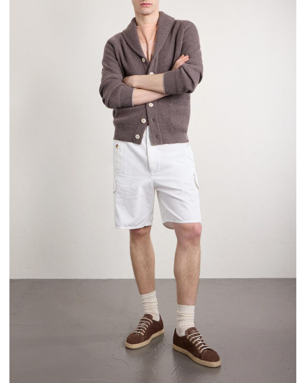 Brunello Cucinelli White Straight-Leg Cotton-Twill Cargo Shorts for men