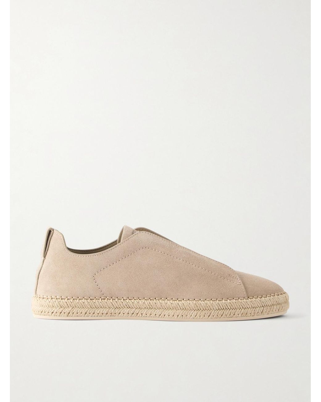 Zegna Natural Triple Stitch Leather-Trimmed Suede Slip-On Sneakers for men