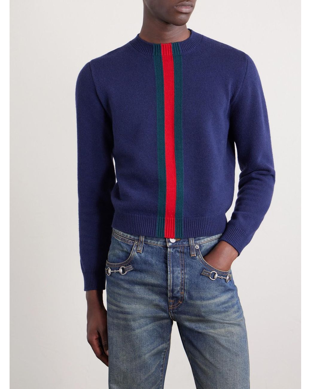 Gucci Blue Slim-Fit Cropped Striped Wool Sweater for men