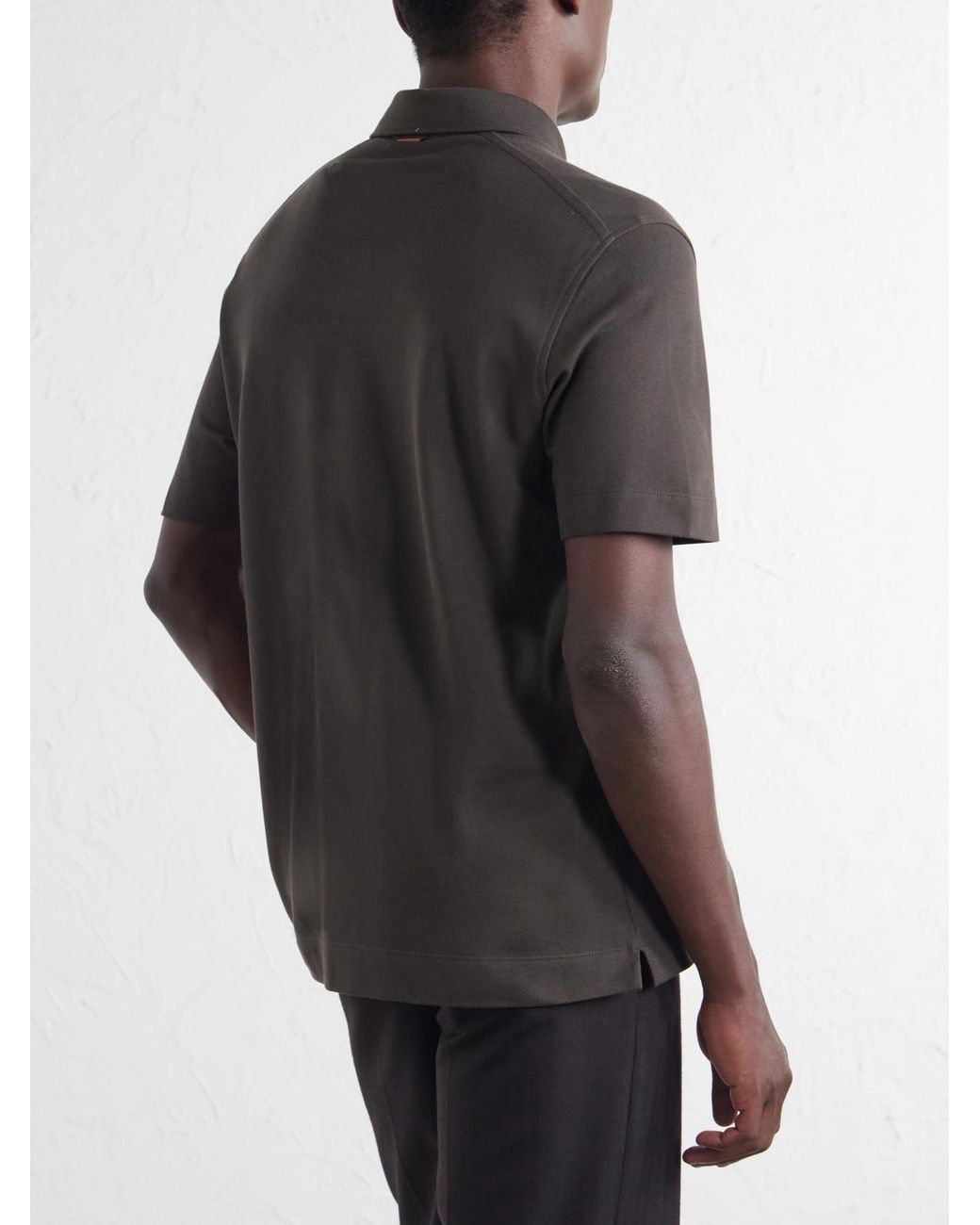 Zegna Black Leather-Trimmed Cotton-Piqué Polo Shirt for men