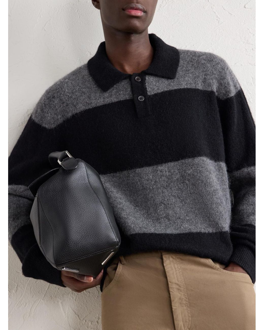 Corridor NYC Black Striped Woven Brushed Alpaca-Blend Polo Sweater for men
