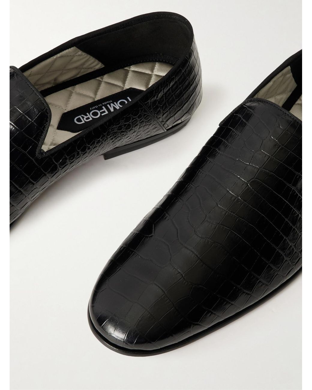 Tom Ford Black Steven Grosgrain-Trimmed Croc-Effect Leather Loafers for men