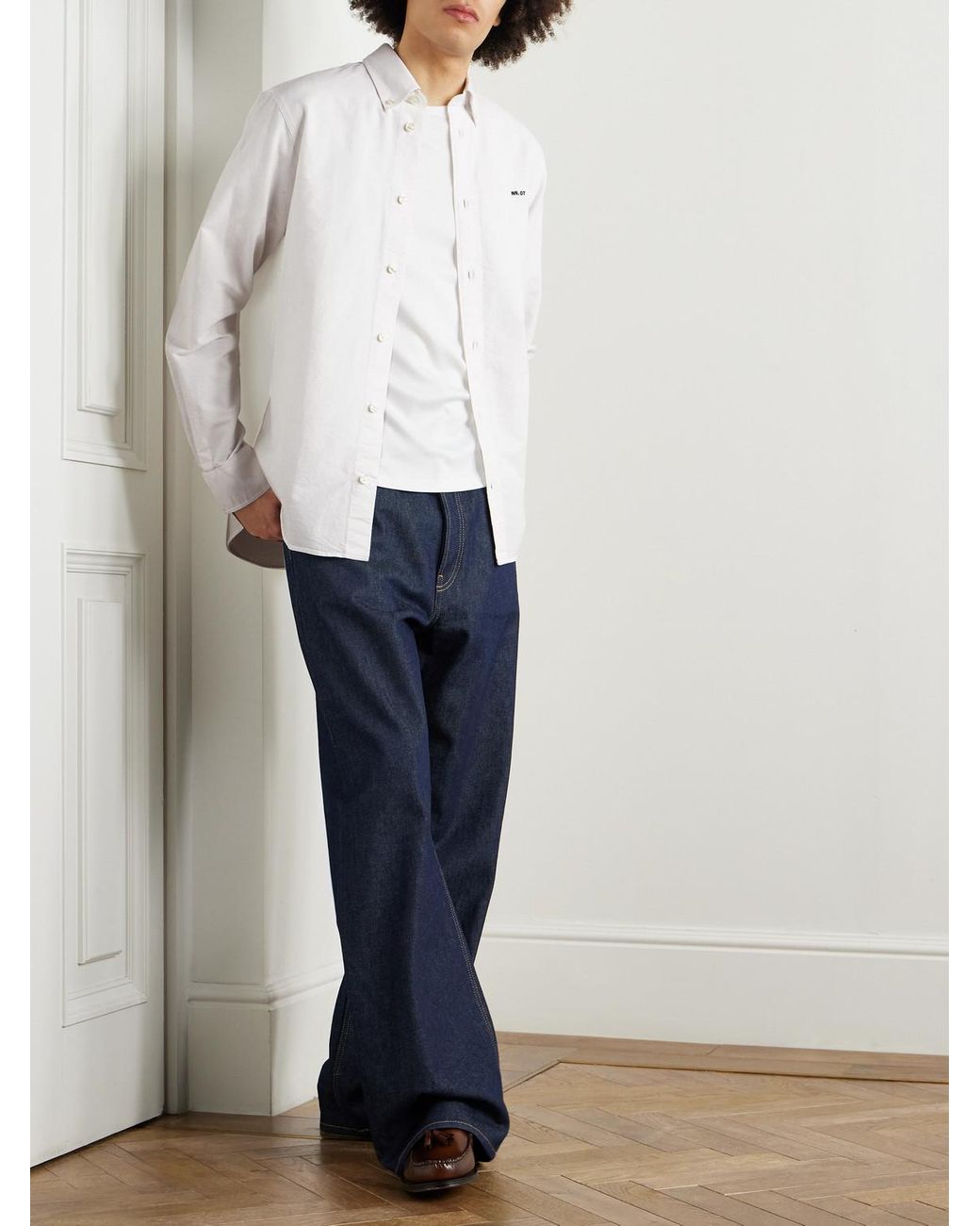 Colby 5910 Button-Down Collar Logo-Embroidered Organic Cotton Shirt di NN07 in White da Uomo