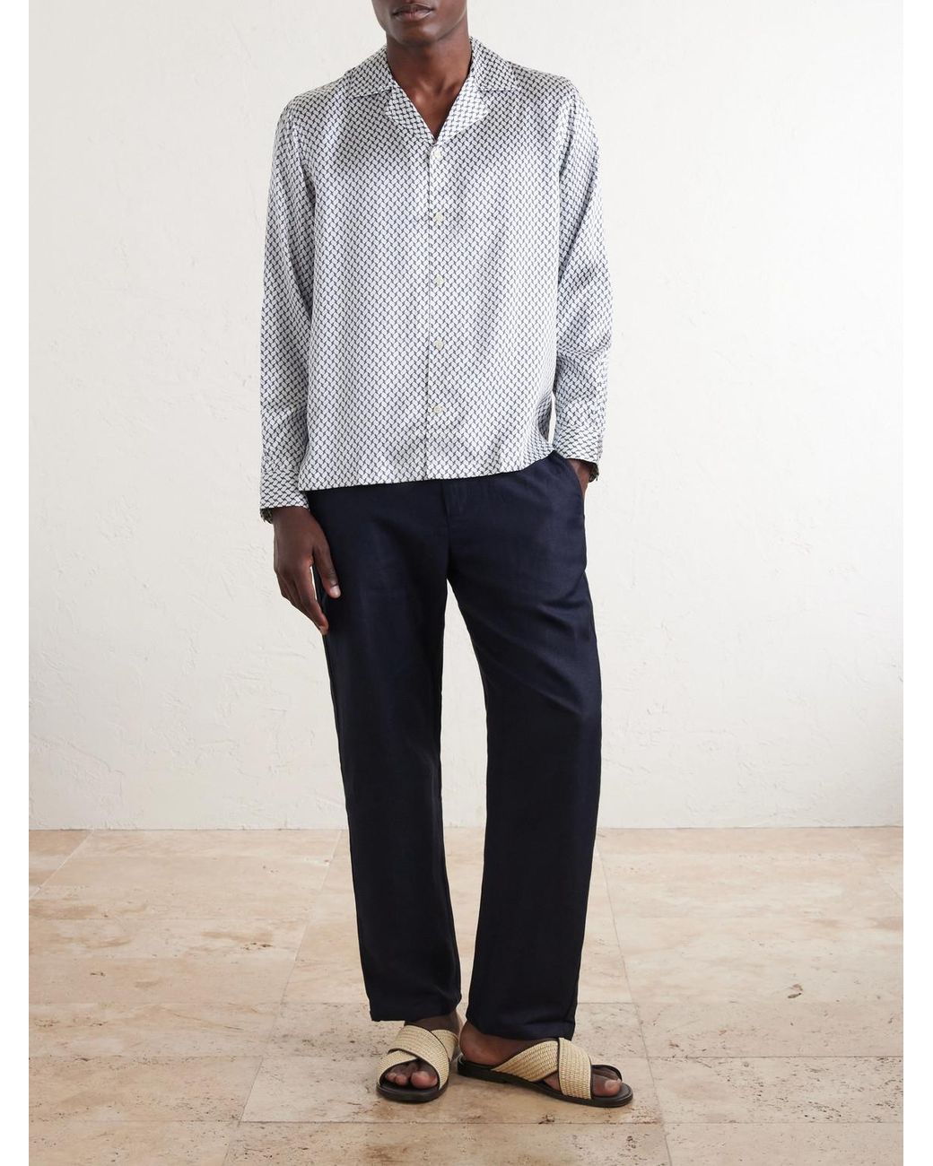 Frescobol Carioca Gray Safra Camp-collar Printed Silk-satin Shirt for men