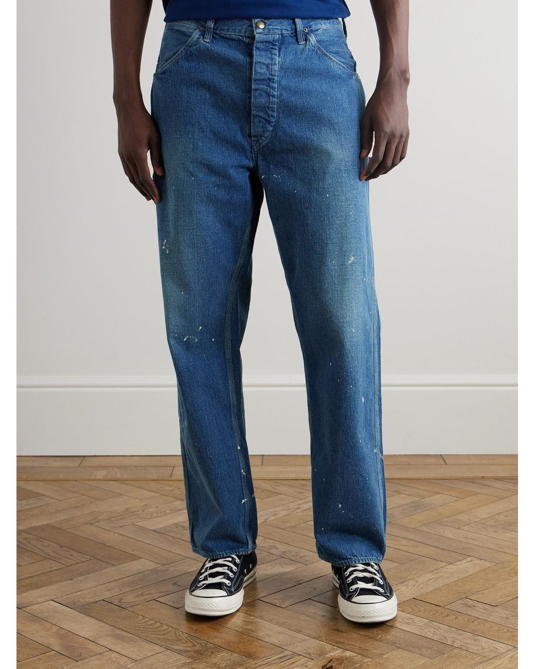 Orslow Blue Paint-Splattered Straight-Leg Selvedge Jeans for men