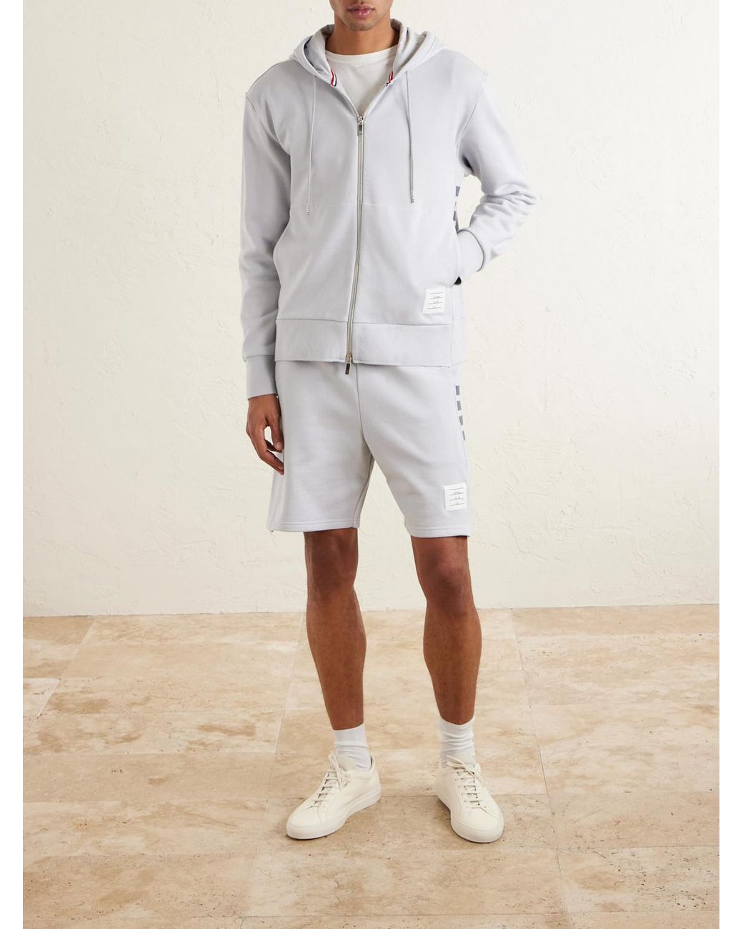 Thom Browne White Striped Colour-block Cotton-jersey Zip-up Hoodie for men