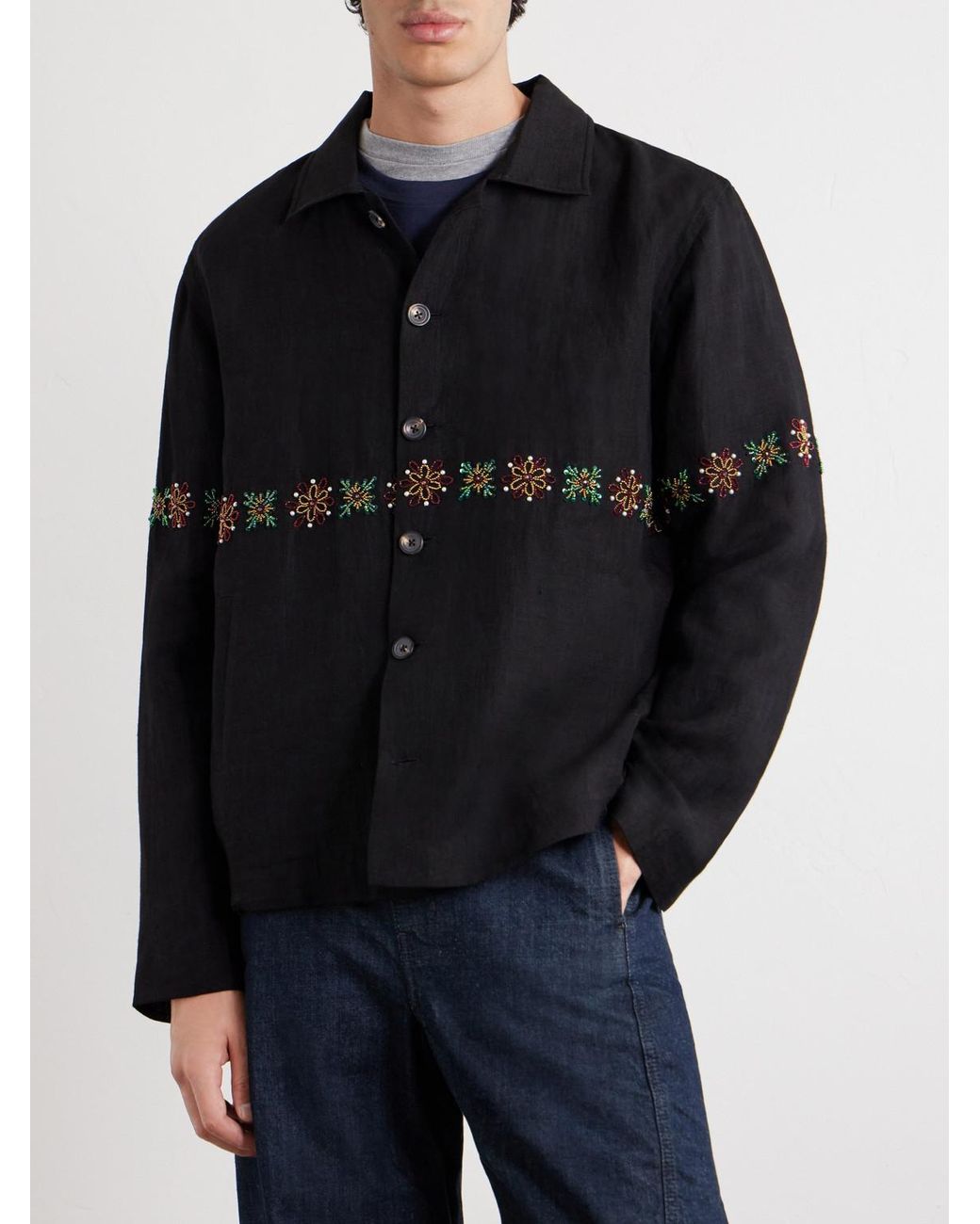 Kartik Research Blue Embroidered Linen Shirt for men