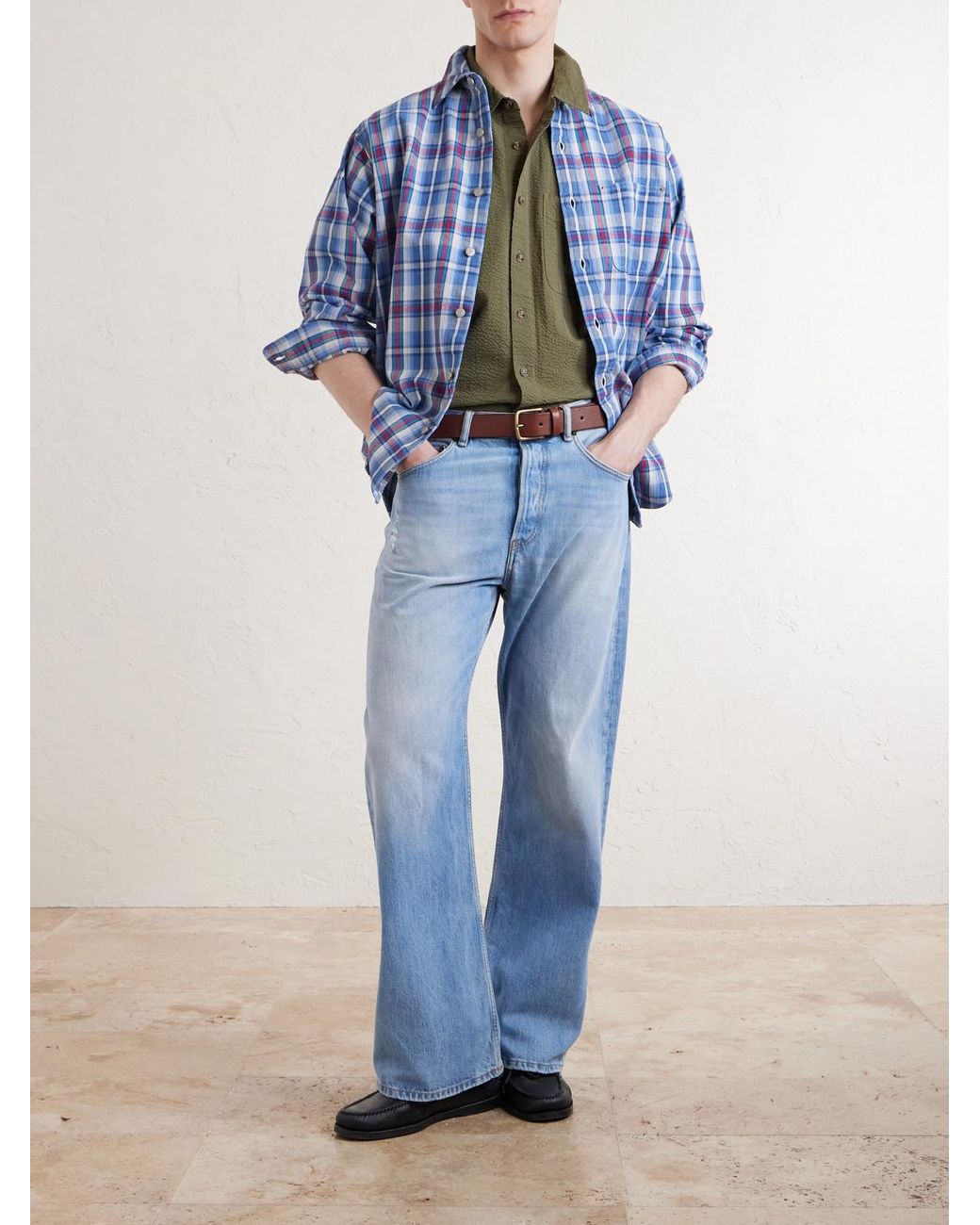 Aimé Leon Dore Green Cropped Cotton-Seersucker Shirt for men