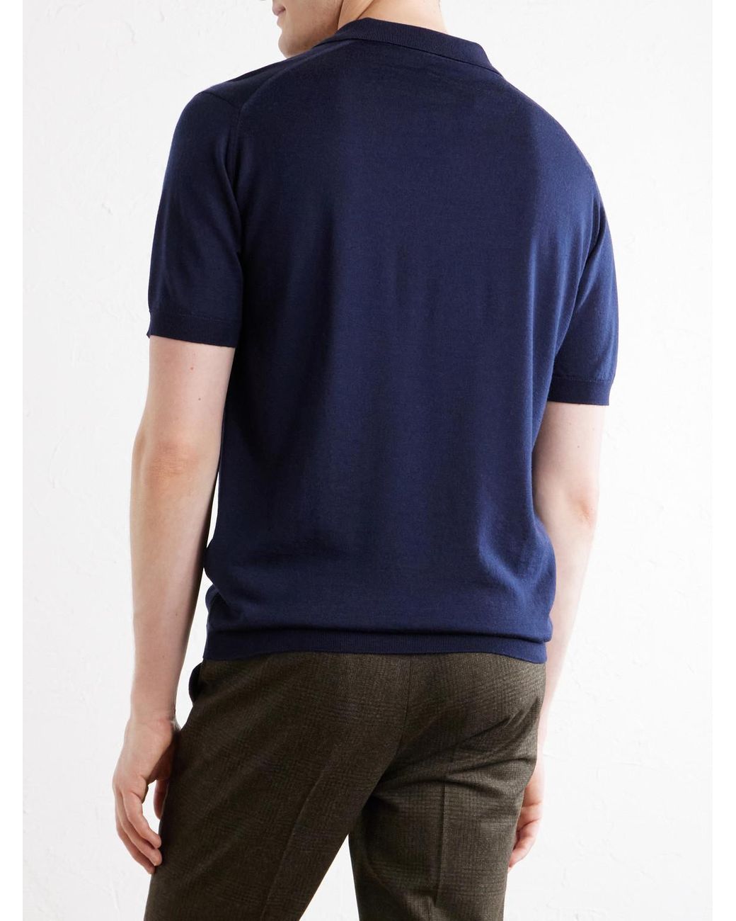 John Smedley Blue Macloud Knitted Merino Wool Polo Shirt for men