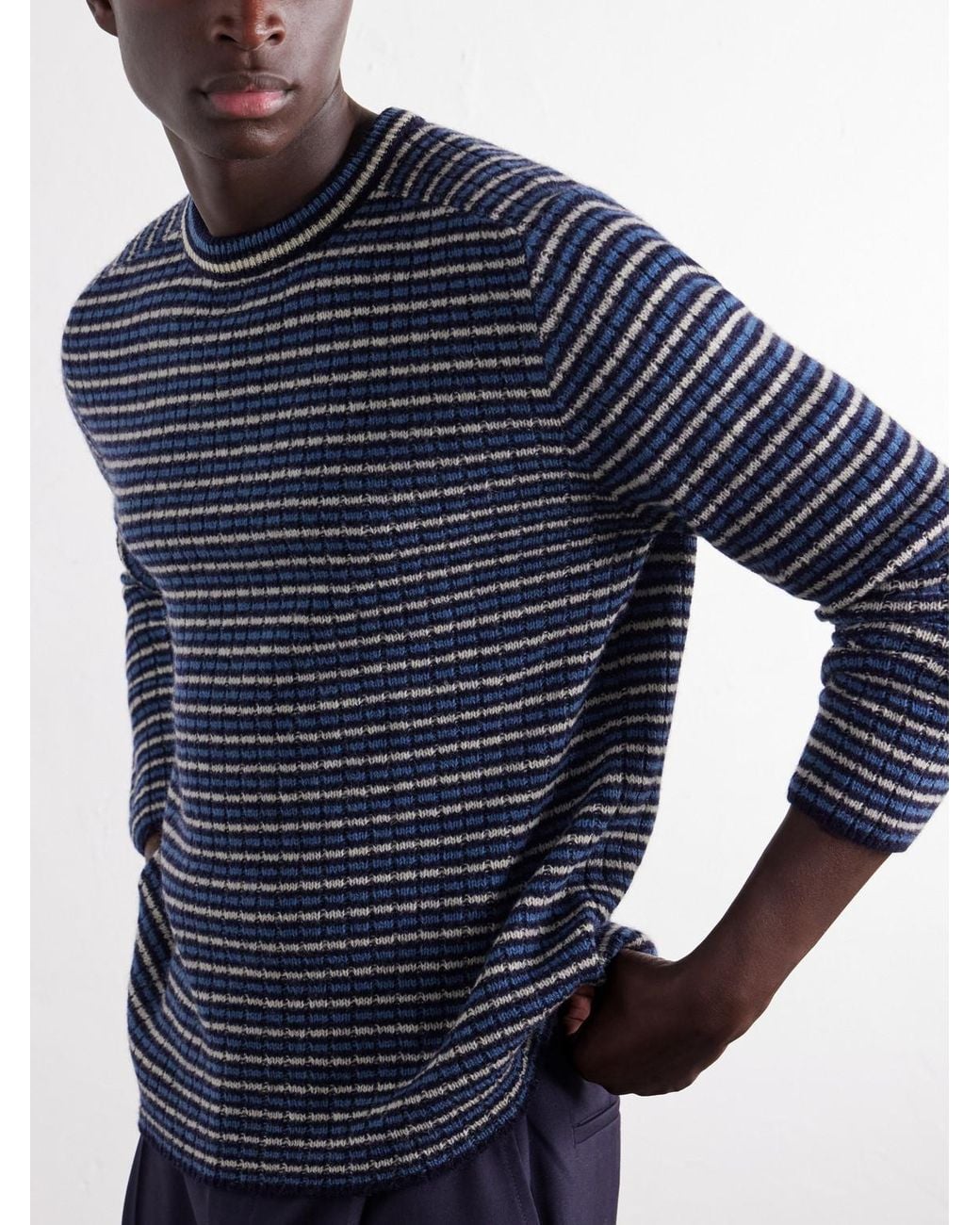 Auralee Blue Striped Ribbed Wool And Cashmere-Blend Sweater for men
