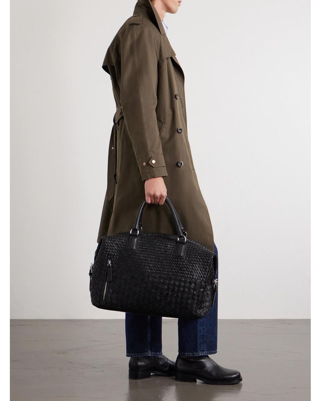 Officine Creative Black Woven Leather Weekend Bag for men