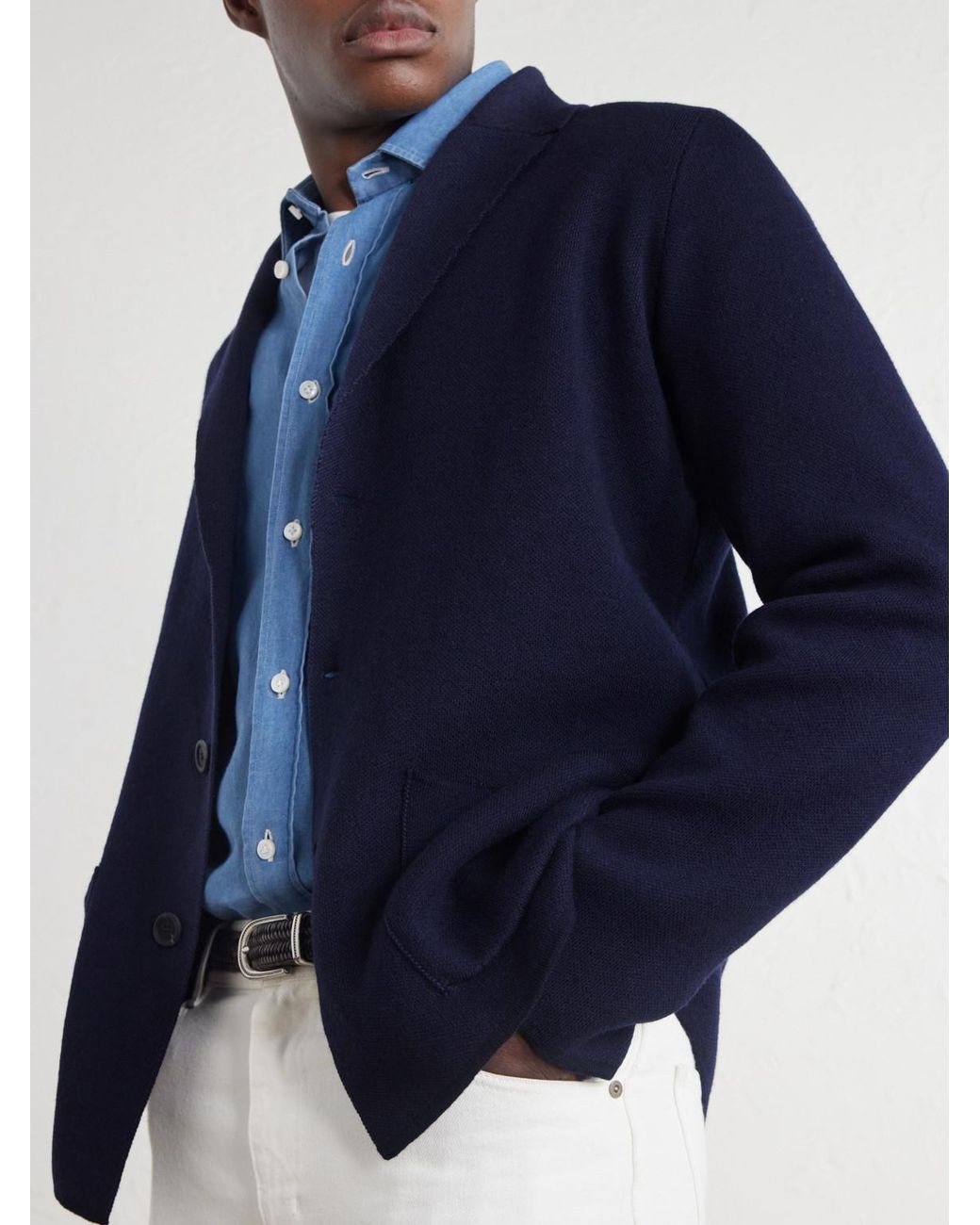 Inis Meáin Blue Pub Merino Wool, Cotton And Cashmere-Blend Cardigan for men