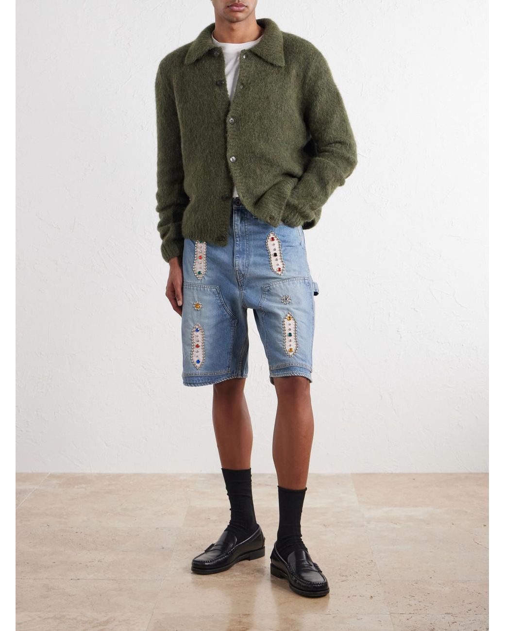 Kapital Blue Straight-Leg Leather-Trimmed Embellished Denim Shorts for men