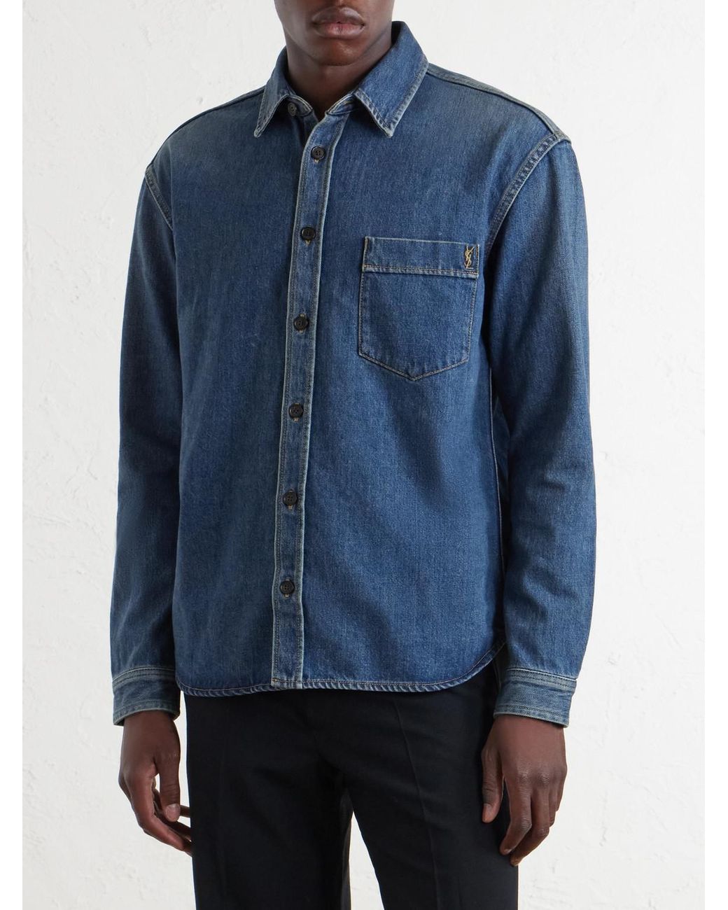 Saint Laurent Blue Logo-Embroidered Denim Shirt for men