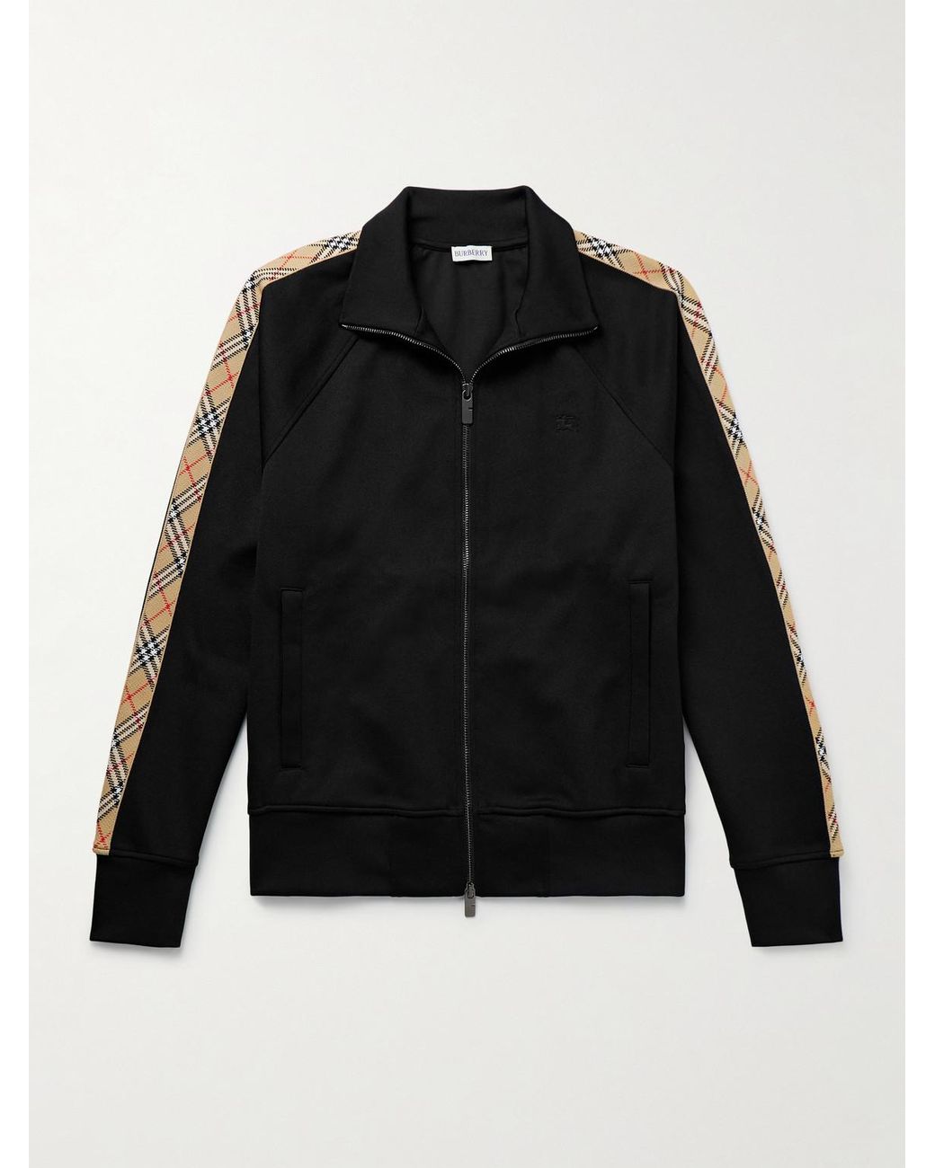 Burberry Black Checked Jacquard-Trimmed Logo-Embroidered Tech-Jersey Track Jacket for men