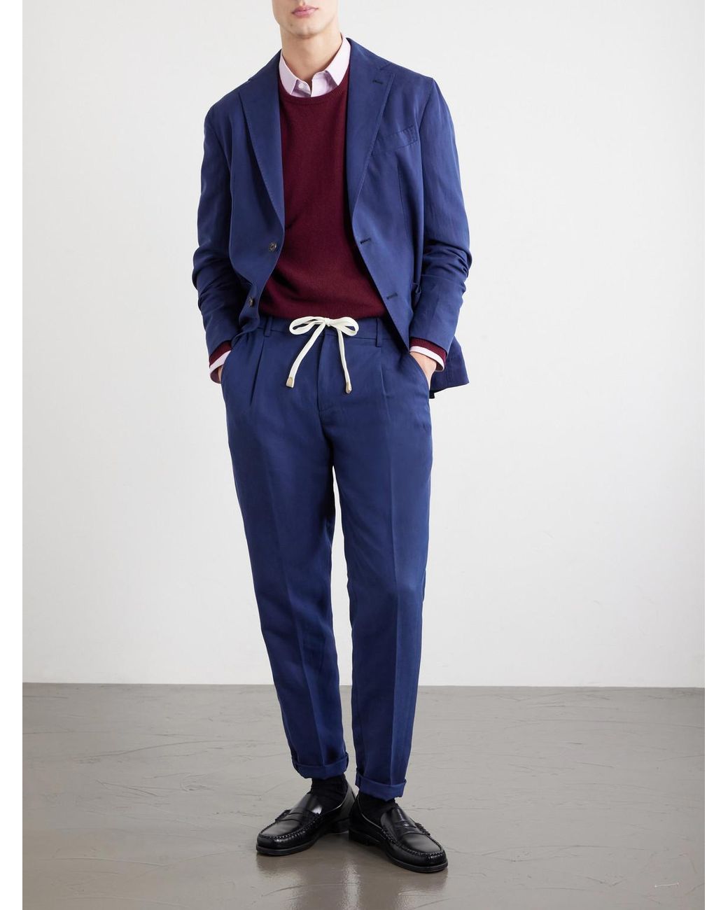 Eleventy Blue Straight-Leg Lyocell And Linen-Blend Trousers for men