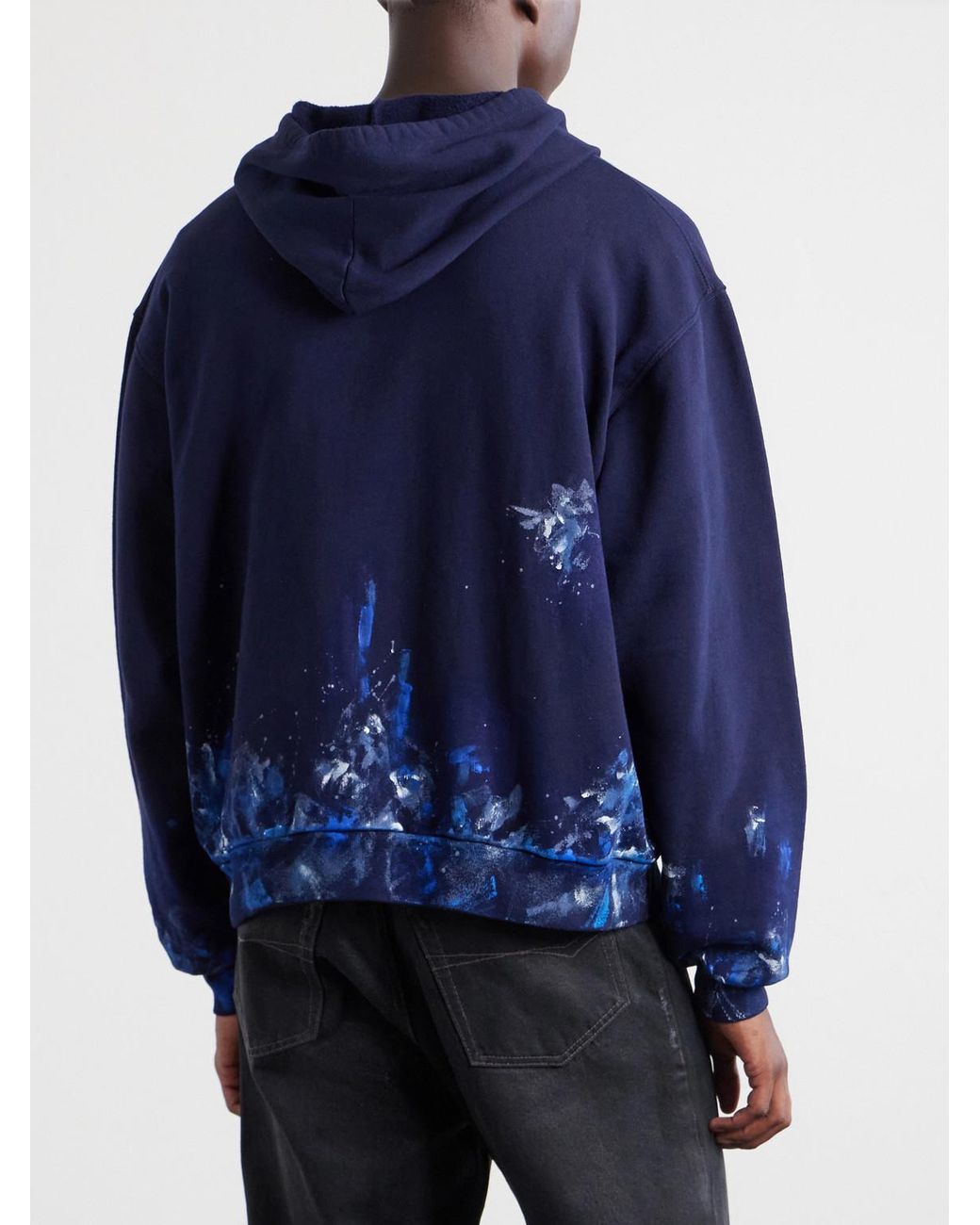 Balenciaga Blue Logo-embroidered Paint-splattered Cotton-jersey Zip-up Hoodie for men