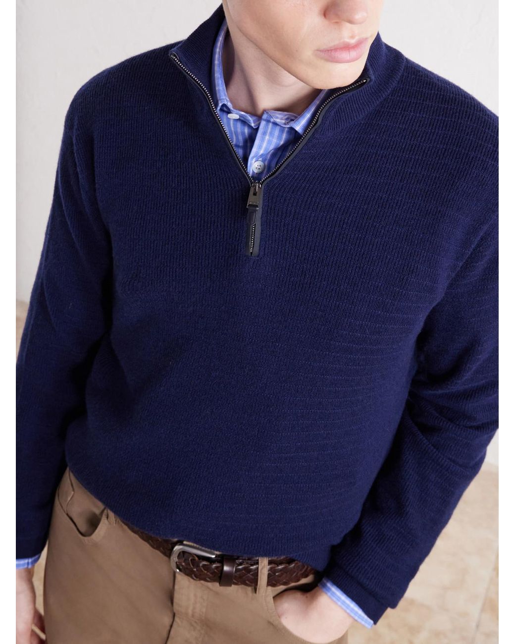 Canali Blue Ribbed Wool And Cashmere-Blend Half-Zip Sweater for men