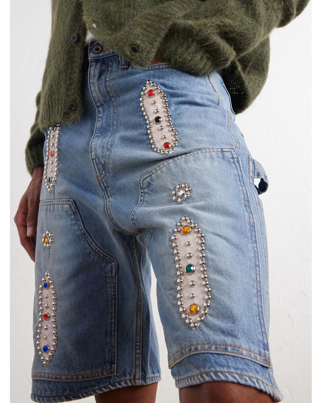 Kapital Blue Straight-Leg Leather-Trimmed Embellished Denim Shorts for men