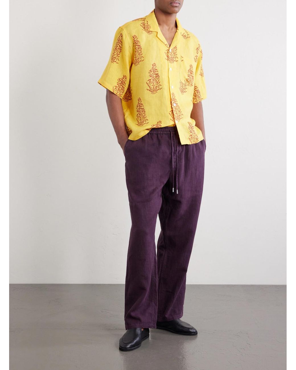 Kartik Research Yellow Camp-Collar Printed Linen Shirt for men