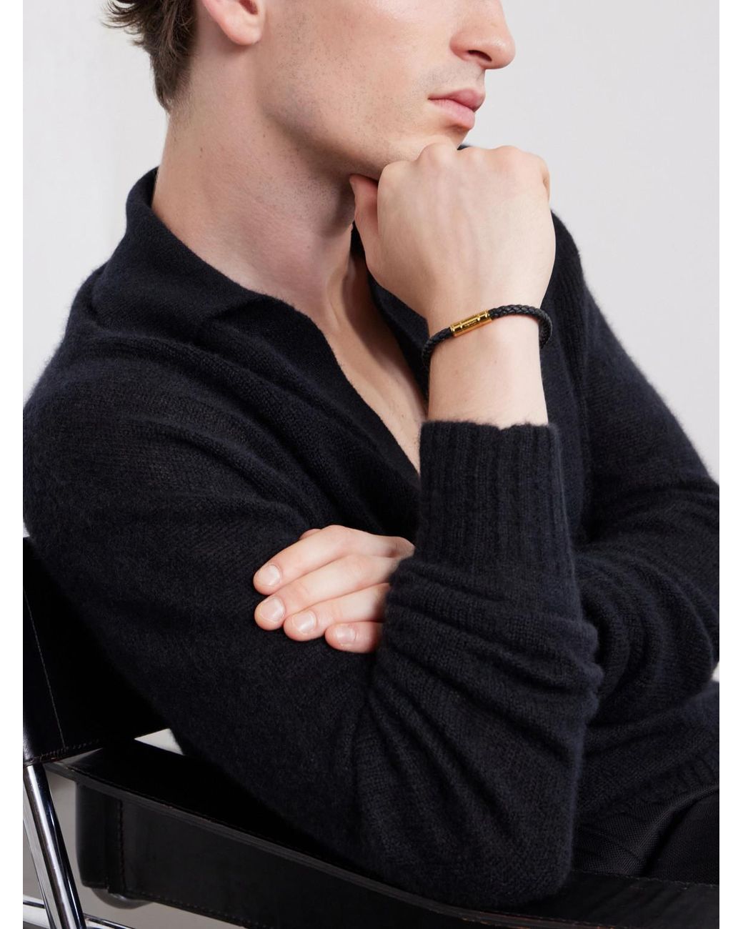 Tom Ford Black Gold-tone And Woven Leather Bracelet for men
