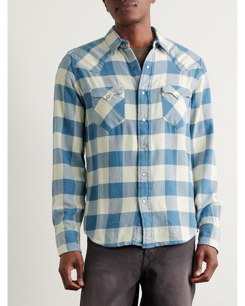RRL Blue Buffalo-checked Cotton And Linen-blend Flannel Shirt for men