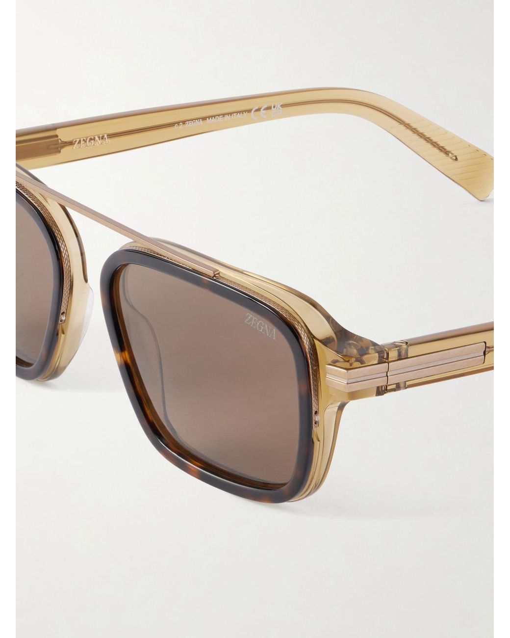 Zegna Natural Geometric Square-Frame Tortoiseshell Acetate And-Tone Metal Sunglasses for men