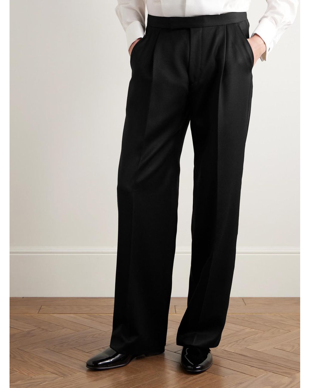 Favourbrook Black Tommy Straight-Leg Grosgrain-Trimmed Pleated Wool Tuxedo Trousers for men