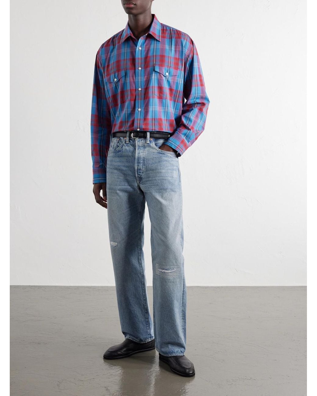 Auralee Blue Checked Cotton And Silk-Blend Shirt for men
