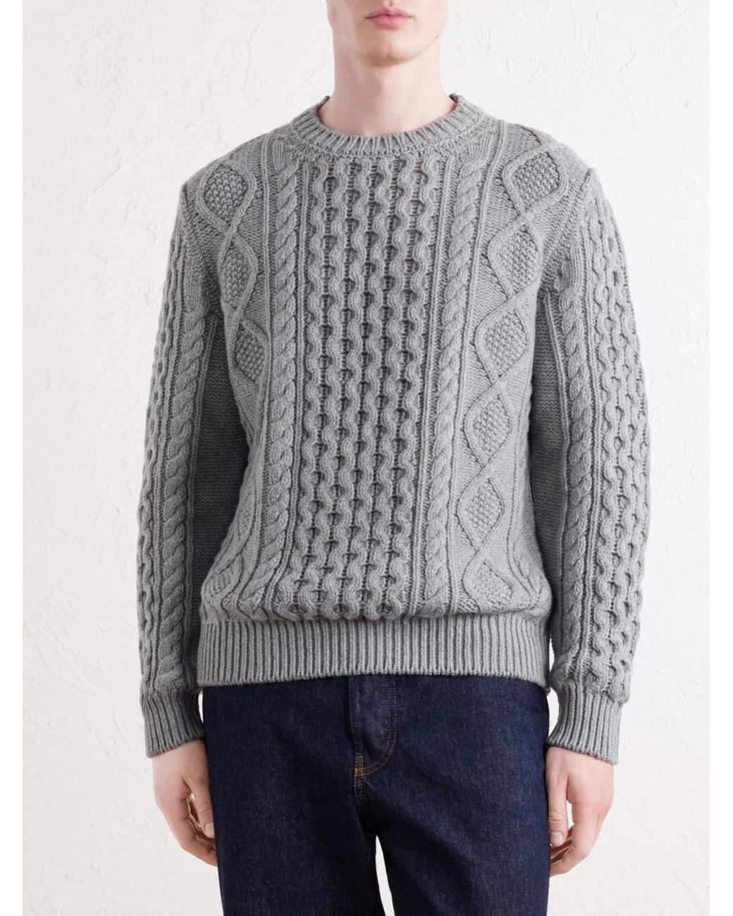 Anderson & Sheppard Gray Aran Cable-Knit Wool And Cashmere-Blend Sweater for men