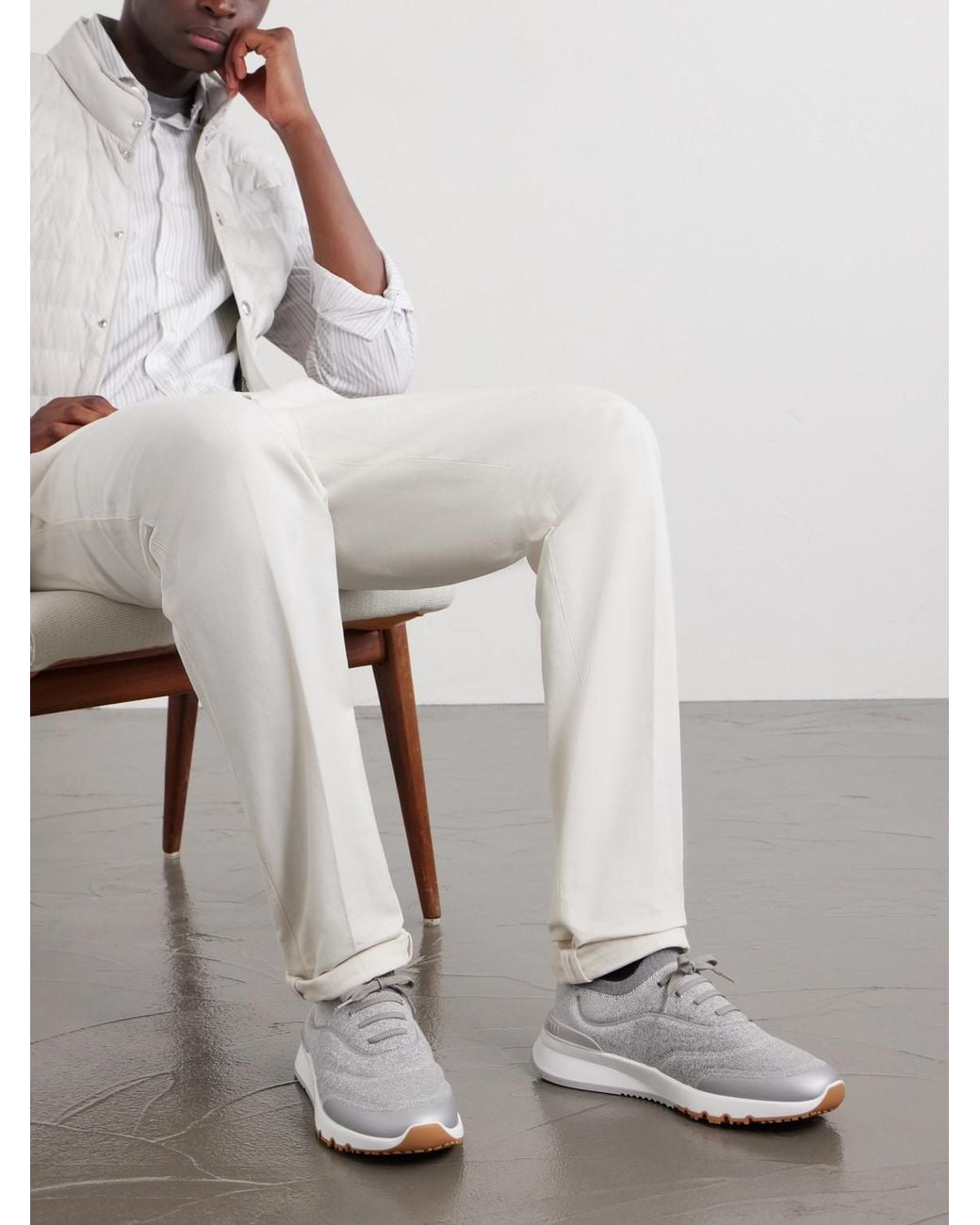 Brunello Cucinelli White Stretch-Knit Sneakers for men