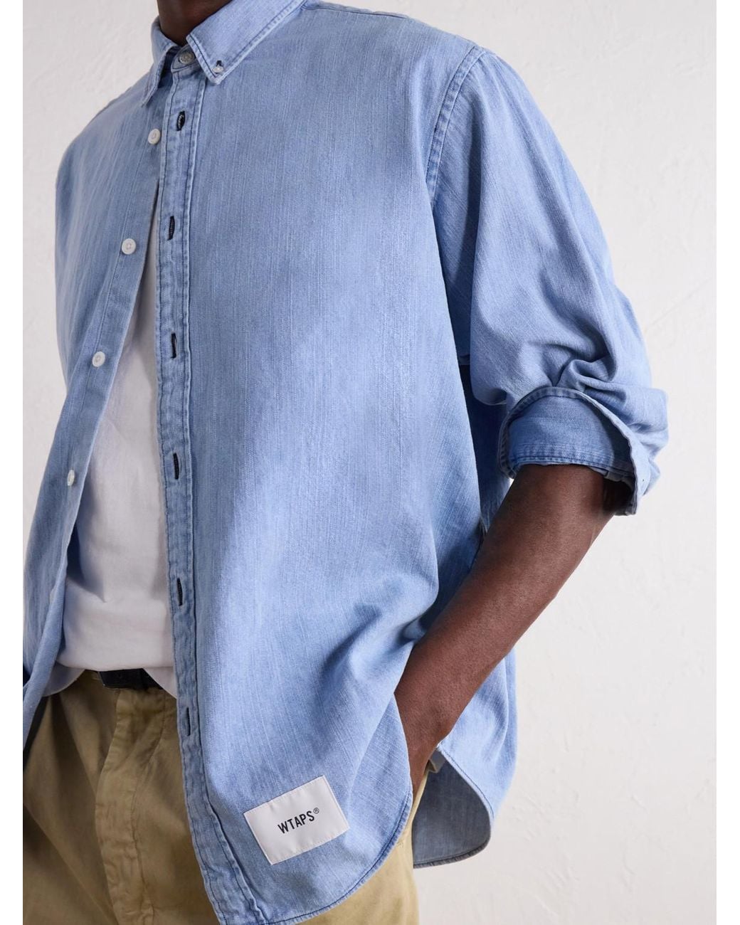 (w)taps Blue Bd 01 Logo-Appliquéd Stone-Bleach Denim Shirt for men