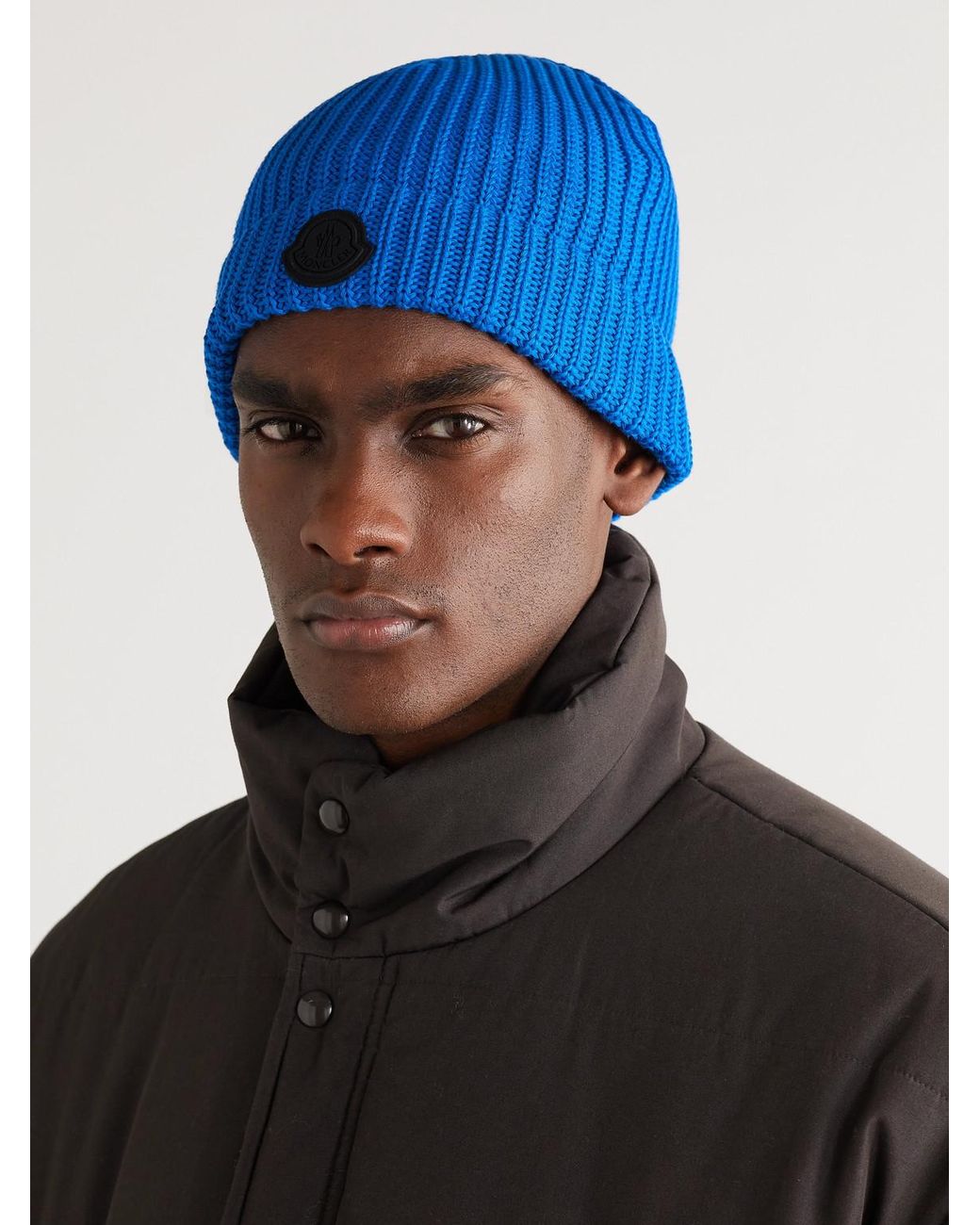 Moncler Blue Logo-Appliquéd Ribbed Cotton Beanie
