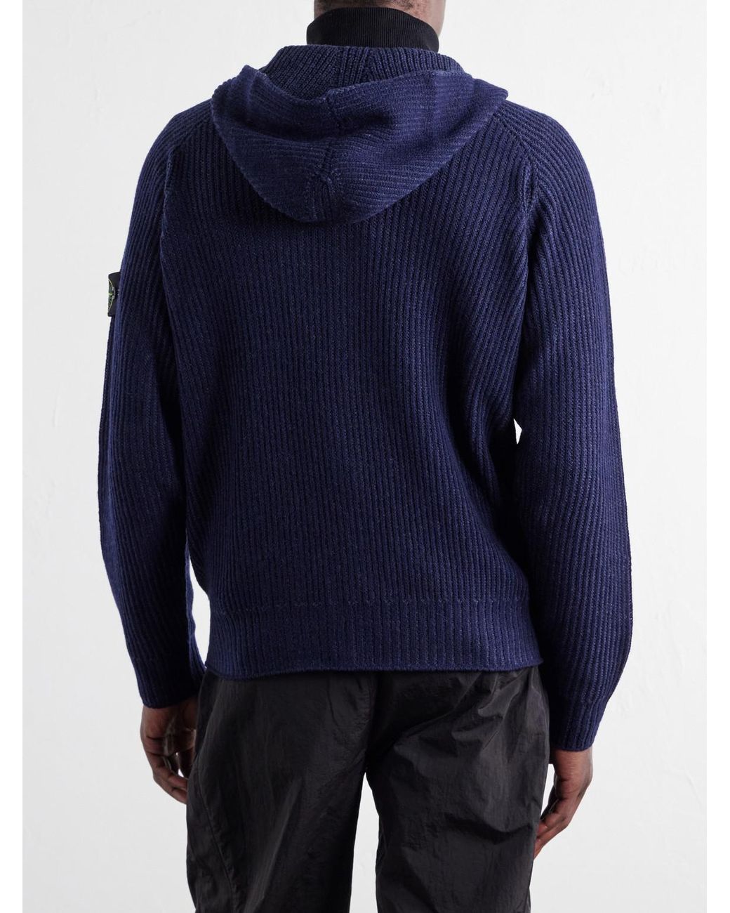 Stone Island Blue Ribbed Cashmere And Wool-Blend Zip-Up Hoodie for men