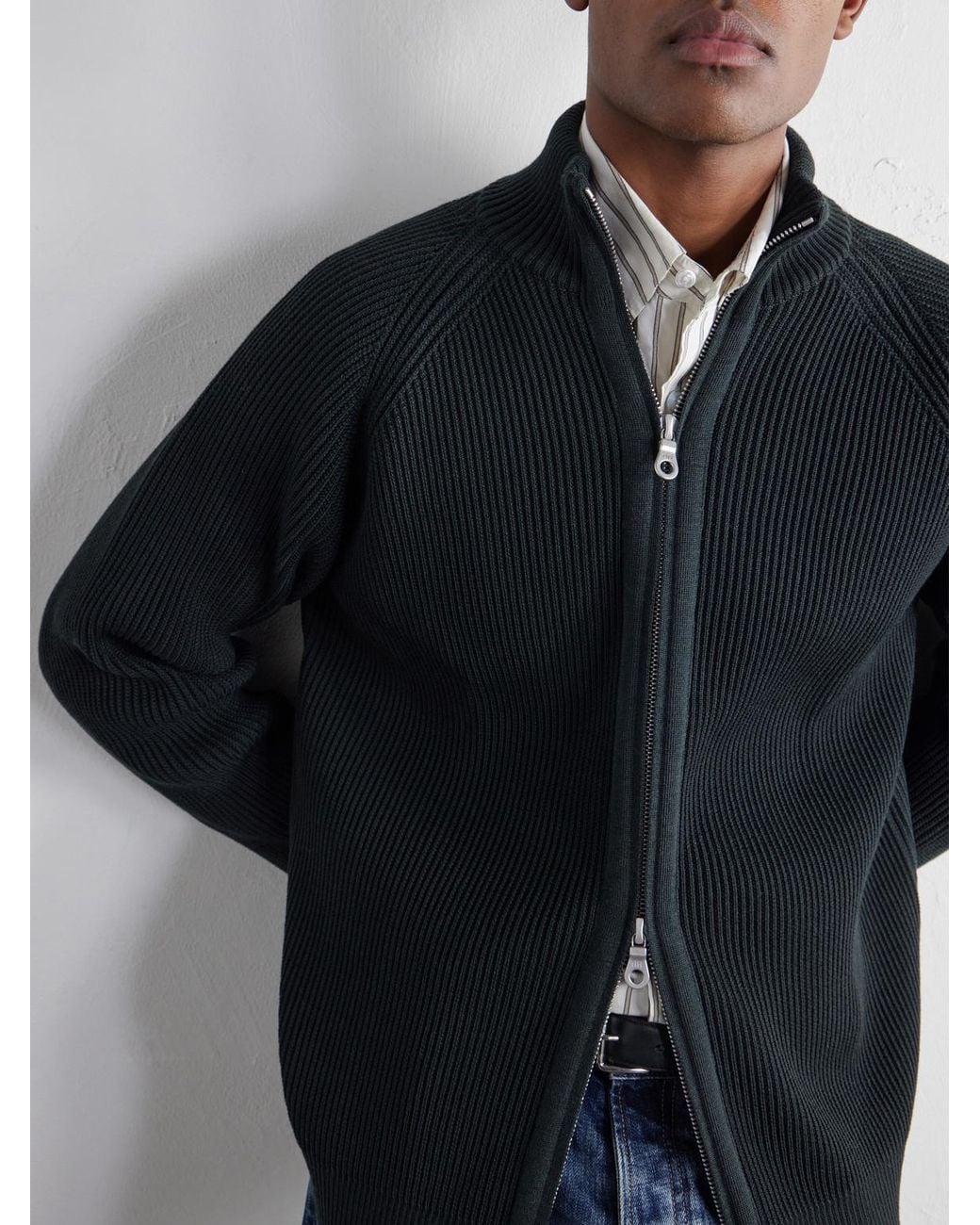 S.N.S Herning Blue Render Ribbed Virgin Wool Zip-Up Sweater for men