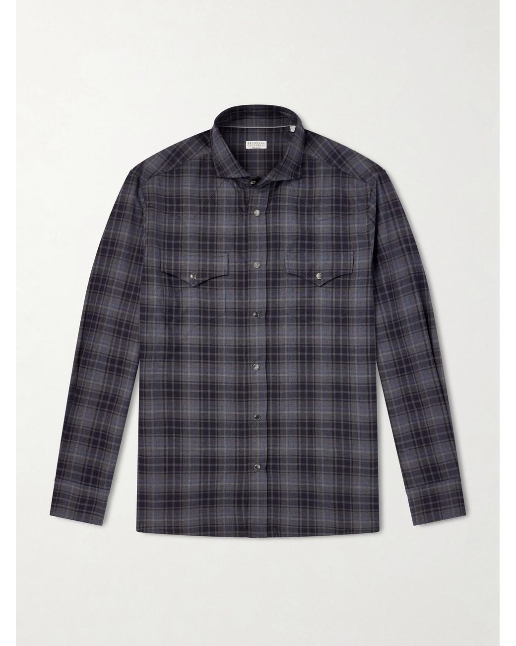 Brunello Cucinelli Blue Checked Cotton-Flannel Shirt for men