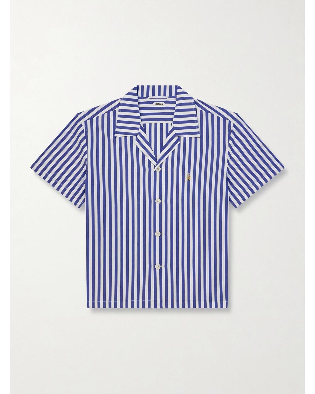 Calliope Camp-Collar Embroidered Striped Cotton-Poplin Shirt di Bode in Blue da Uomo