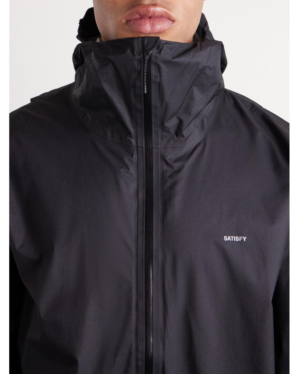 Satisfy Black Rain Fly Hooded Logo-Printed Pertex Shield Air Jacket for men