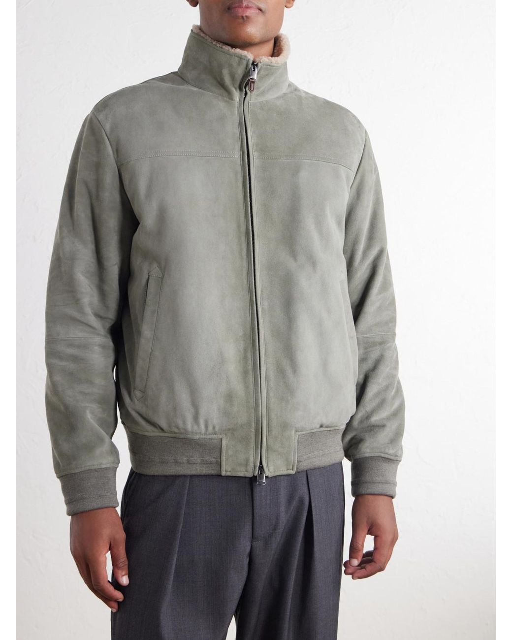 Canali Gray Padded Shearling-Trimmed Suede Bomber Jacket for men