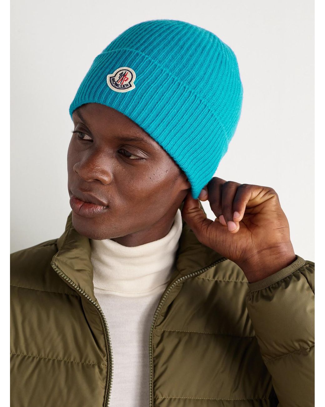 Moncler Blue Appliquéd Ribbed Virgin Wool And Cashmere-Blend Beanie for men