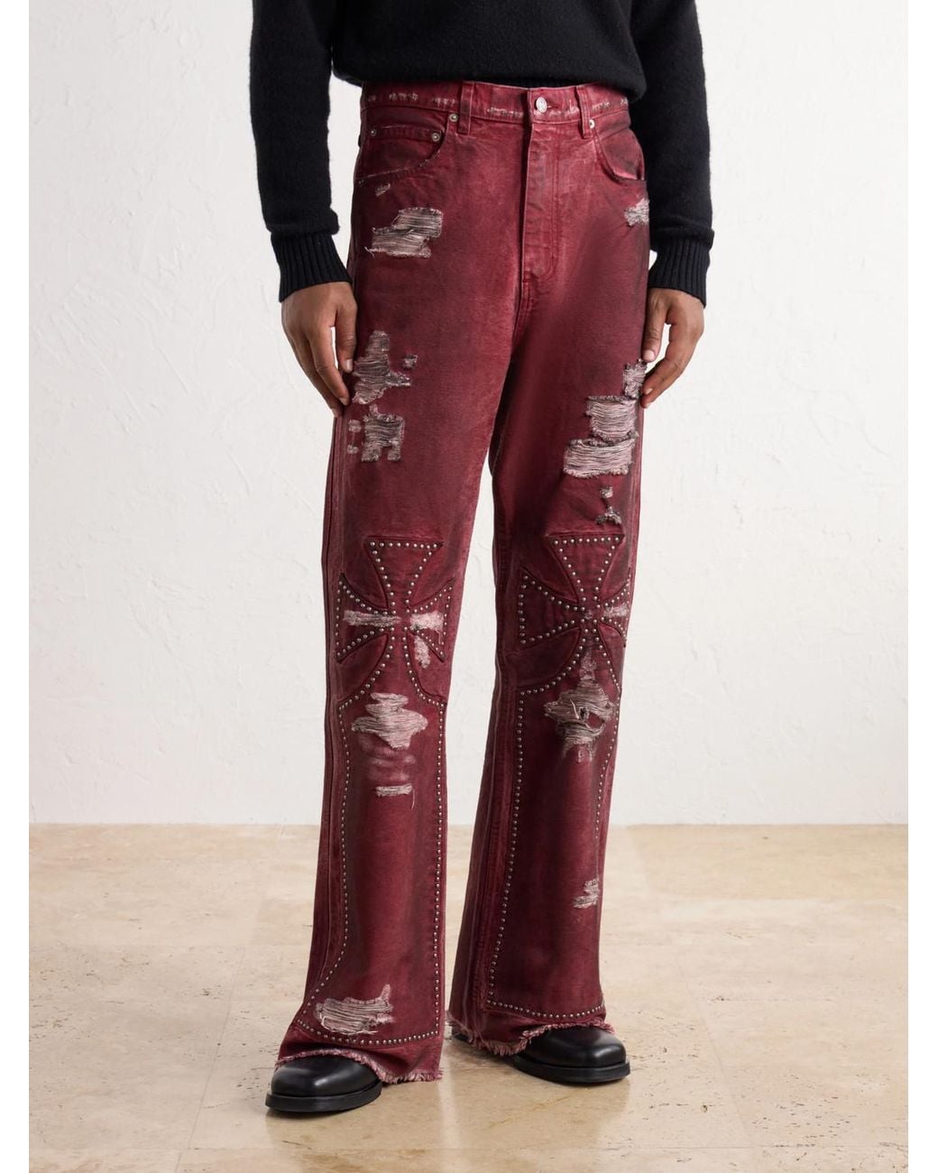 SEKRIT Studded Chopper Flared Distressed Panelled Jeans for men