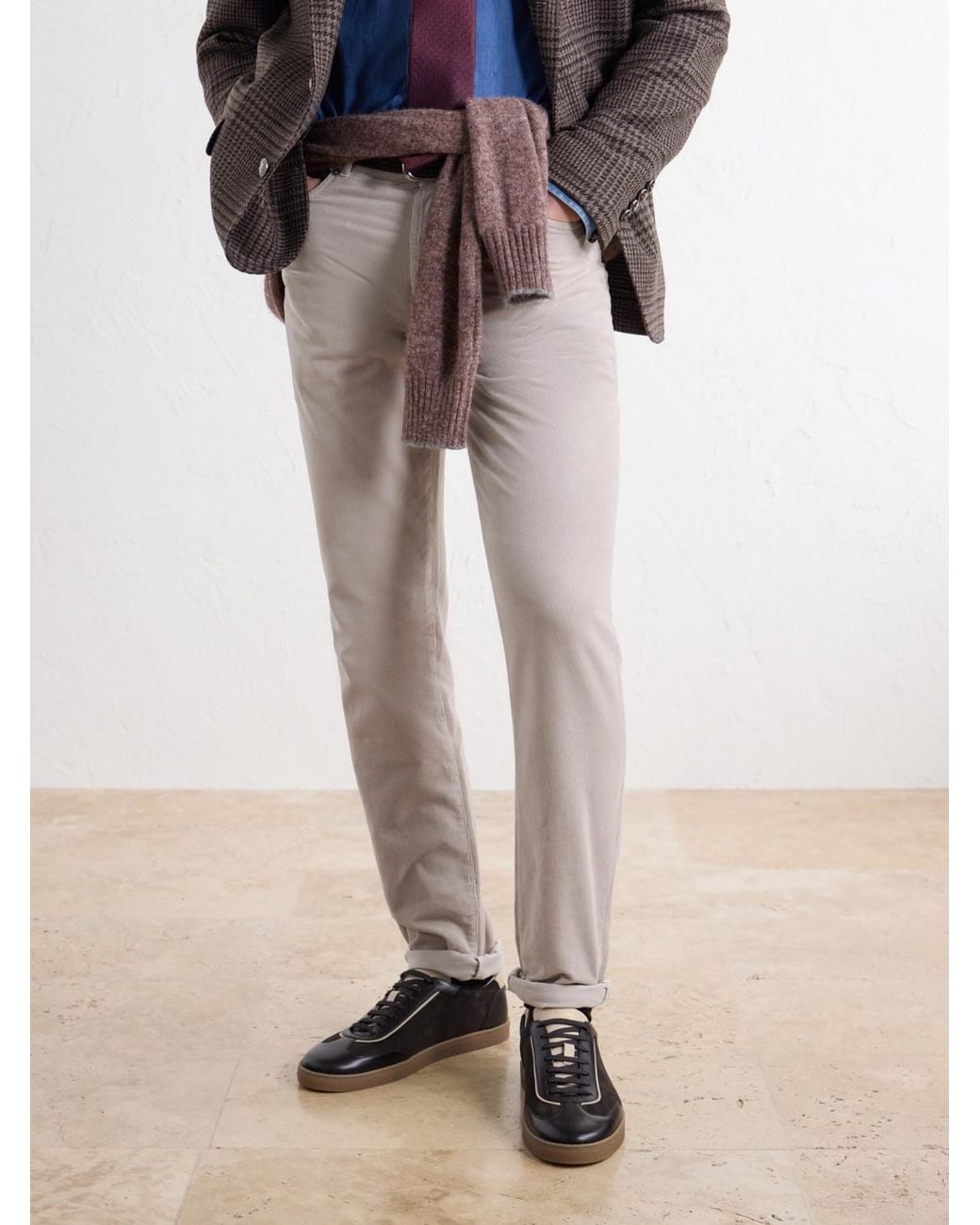 Brunello Cucinelli Brown Leather-Trimmed Waxed Herringbone-Printed Suede Sneakers for men