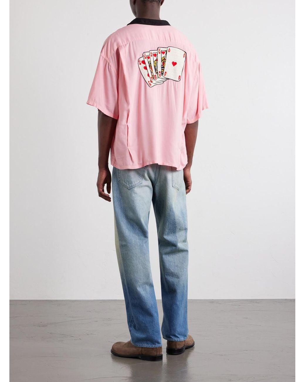 SAINT Mxxxxxx Pink Deck Of Cards Convertible-Collar Logo-Embroidered Satin Shirt for men