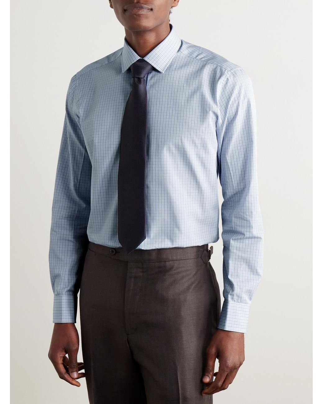 Charvet Blue Checked Cotton-Poplin Shirt for men