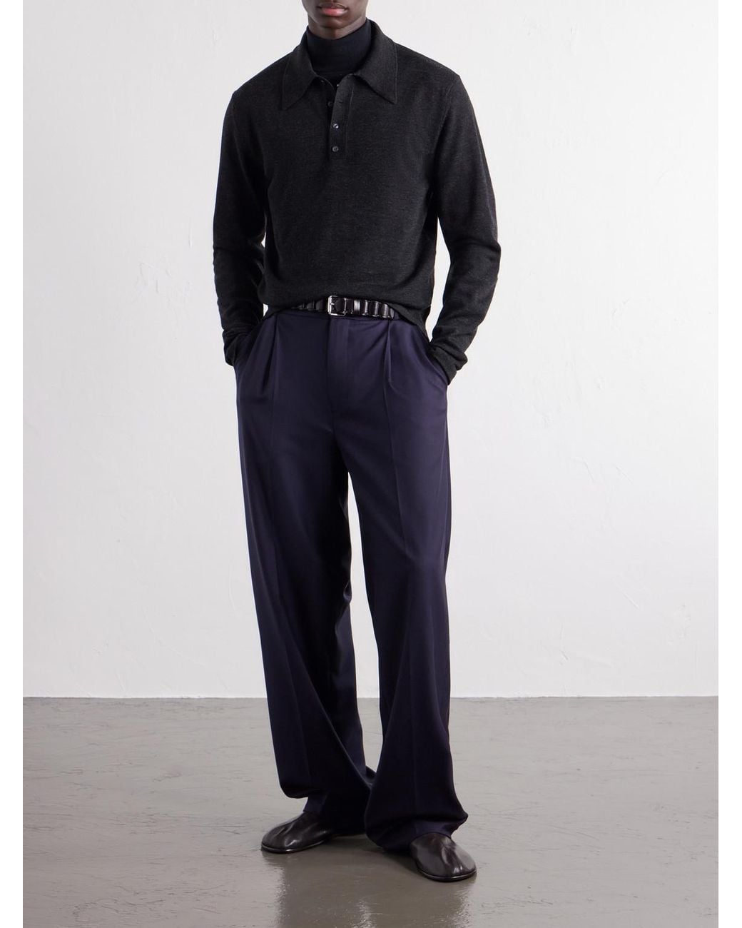 Lemaire Blue Mouliné Wool Polo Shirt for men