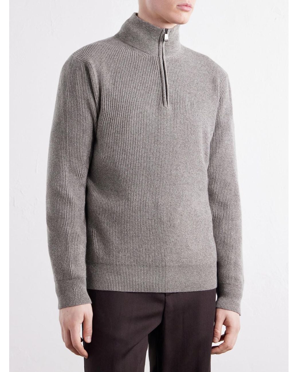 Piacenza 1733 Gray Ribbed Cashmere Half-Zip Sweater for men