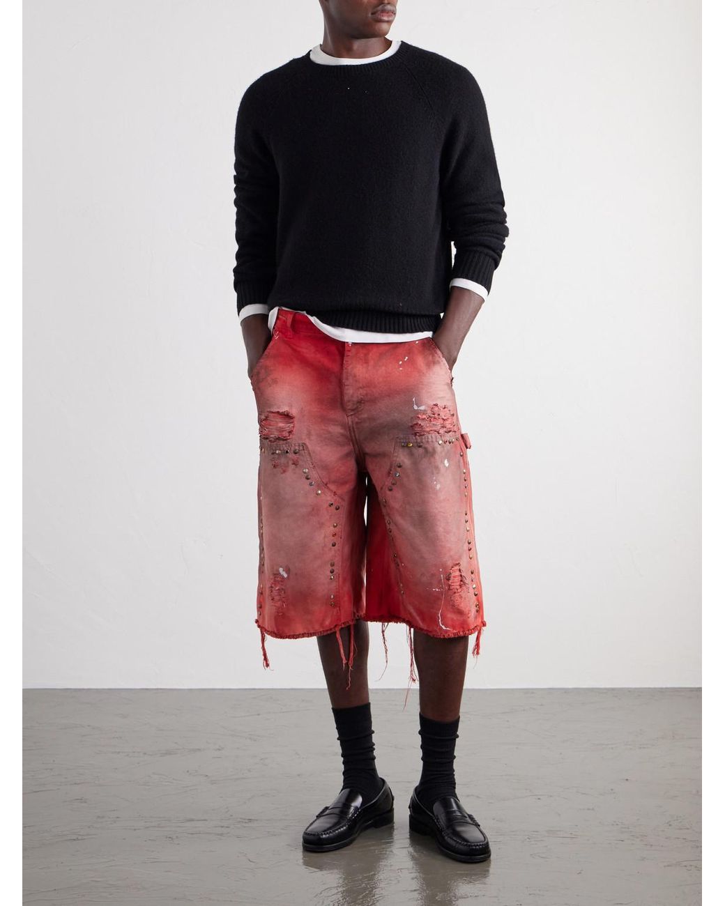 Satoshi Nakamoto Red Danny's Straight-Leg Embellished Distressed Denim Shorts for men