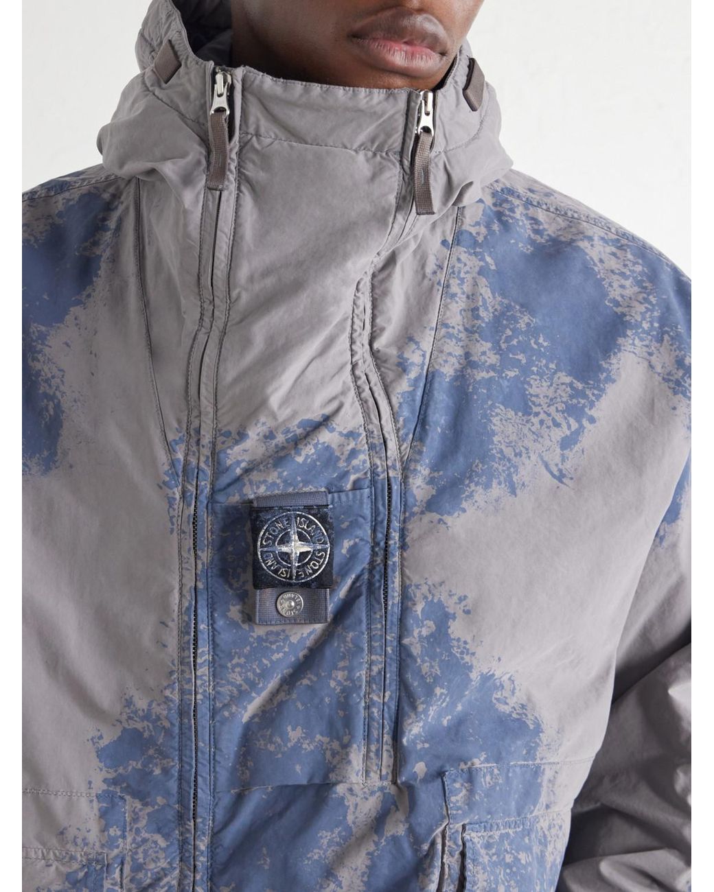 Stone Island Blue Garment-Dyed Paint-Splattered Shell Hooded Parka for men